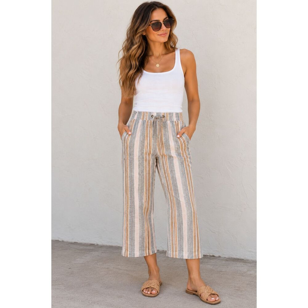 Per Se Women’s Small Striped Linen Blend Cropped Pants Drawstring Coastal